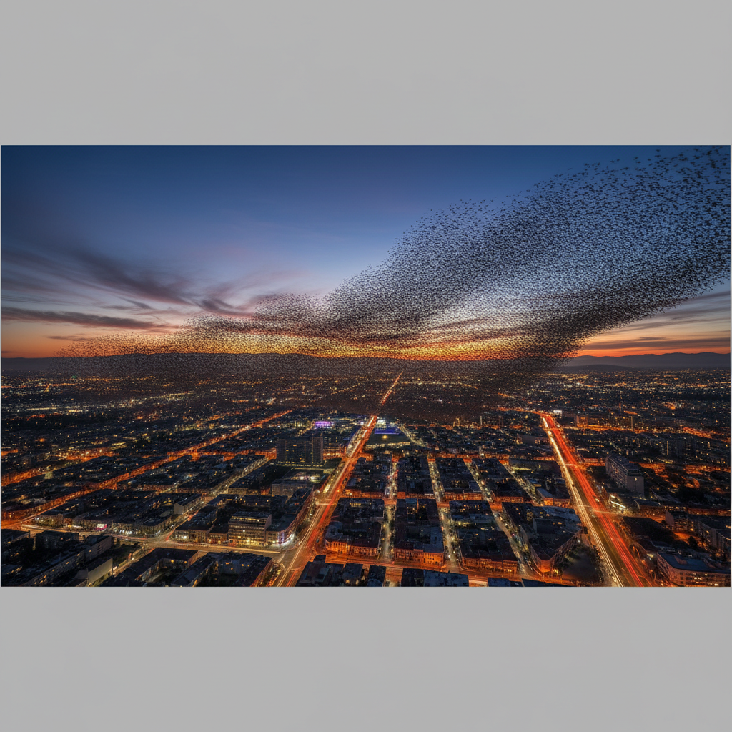 A murmuration of starlings over a city at dusk: coordination without a coordinator.